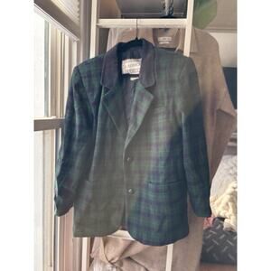 Vintage Laurice Jacket Men Medium Green Wool Blazer Flannel Plaid Leather Collar